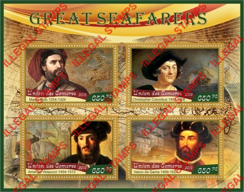 Comoro Islands 2019 Great Seafarers Counterfeit Illegal Stamp Souvenir Sheet of 4