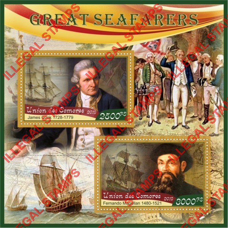 Comoro Islands 2019 Great Seafarers Counterfeit Illegal Stamp Souvenir Sheet of 2