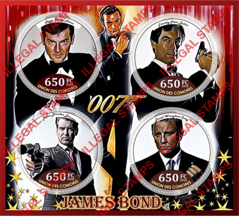 Comoro Islands 2019 James Bond Actors (different) Counterfeit Illegal Stamp Souvenir Sheet of 4