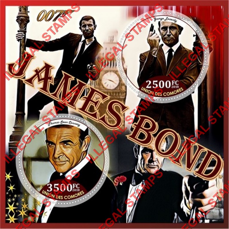 Comoro Islands 2019 James Bond Actors (different) Counterfeit Illegal Stamp Souvenir Sheet of 2