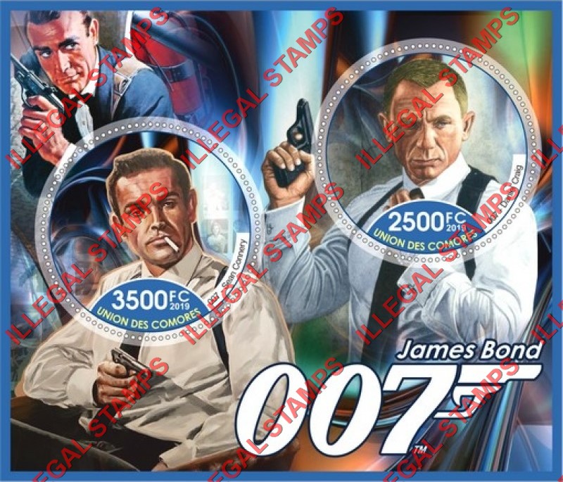 Comoro Islands 2019 James Bond Actors Counterfeit Illegal Stamp Souvenir Sheet of 2
