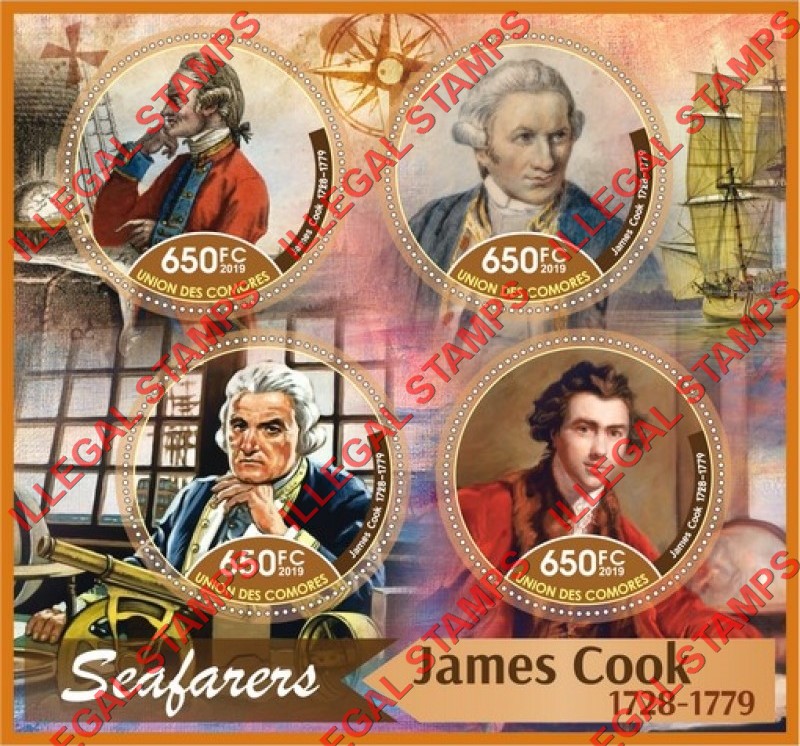 Comoro Islands 2019 James Cook Counterfeit Illegal Stamp Souvenir Sheet of 4