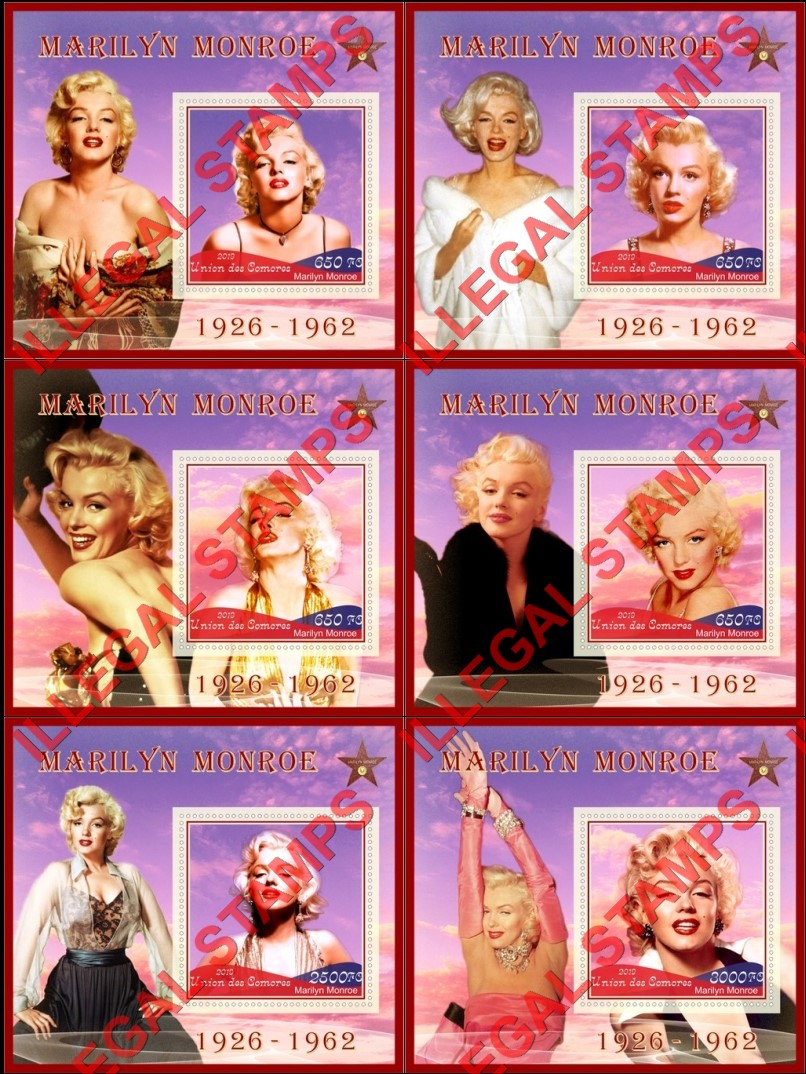 Comoro Islands 2019 Marilyn Monroe Counterfeit Illegal Stamp Souvenir Sheets of 1