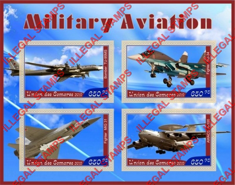 Comoro Islands 2019 Military Aviation Counterfeit Illegal Stamp Souvenir Sheet of 4