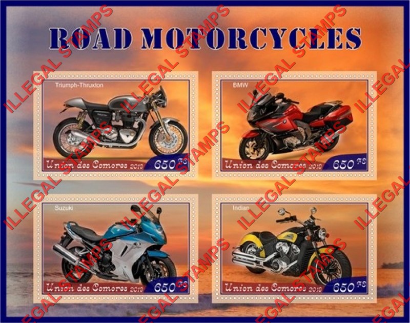 Comoro Islands 2019 Motorcycles Counterfeit Illegal Stamp Souvenir Sheet of 4