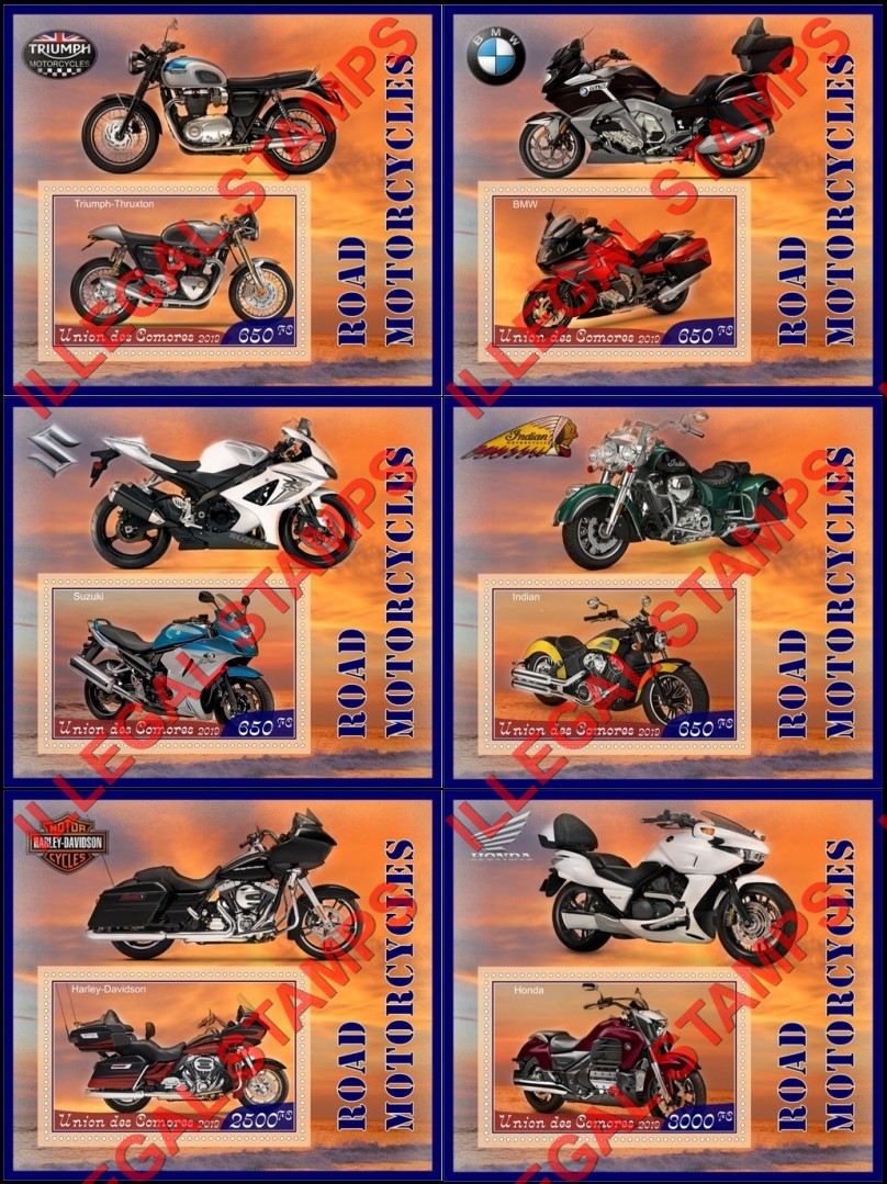 Comoro Islands 2019 Motorcycles Counterfeit Illegal Stamp Souvenir Sheets of 1
