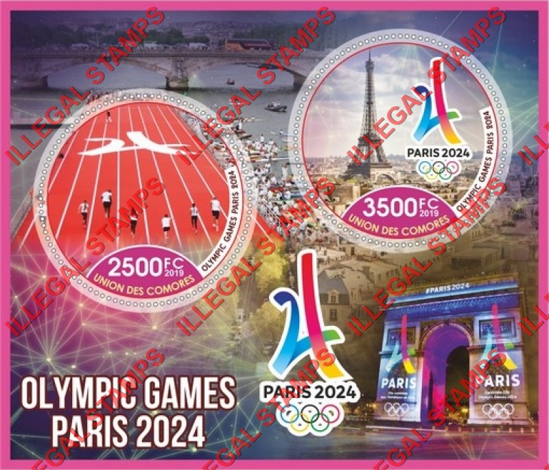 Comoro Islands 2019 Olympic Games in Paris in 2024 (different) Counterfeit Illegal Stamp Souvenir Sheet of 2