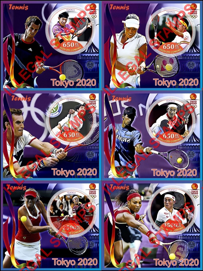 Comoro Islands 2019 Olympic Games in Tokyo in 2020 Tennis Counterfeit Illegal Stamp Souvenir Sheets of 1