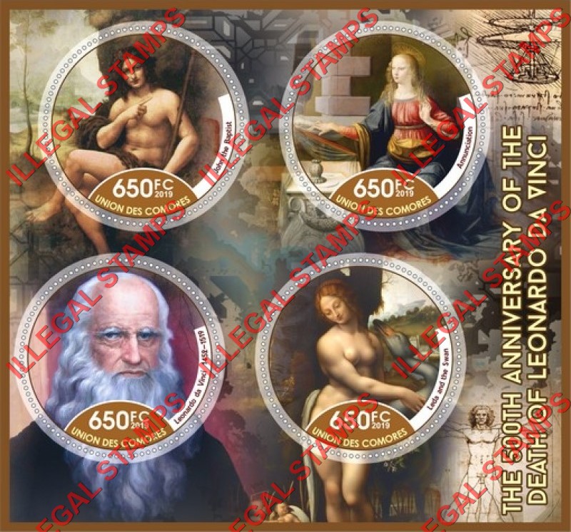Comoro Islands 2019 Paintings by Leonardo da Vinci Counterfeit Illegal Stamp Souvenir Sheet of 4