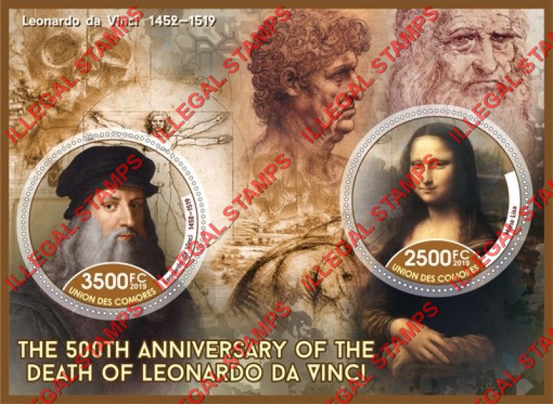 Comoro Islands 2019 Paintings by Leonardo da Vinci Counterfeit Illegal Stamp Souvenir Sheet of 2