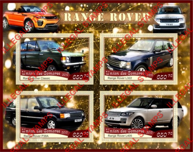 Comoro Islands 2019 Range Rover Counterfeit Illegal Stamp Souvenir Sheet of 4