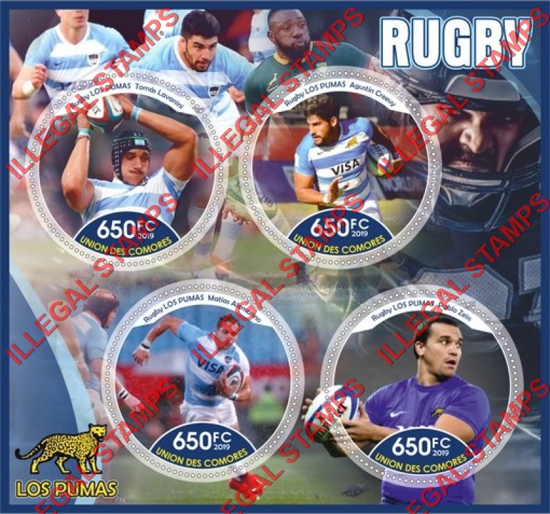 Comoro Islands 2019 Rugby Players Los Pumas Counterfeit Illegal Stamp Souvenir Sheet of 4