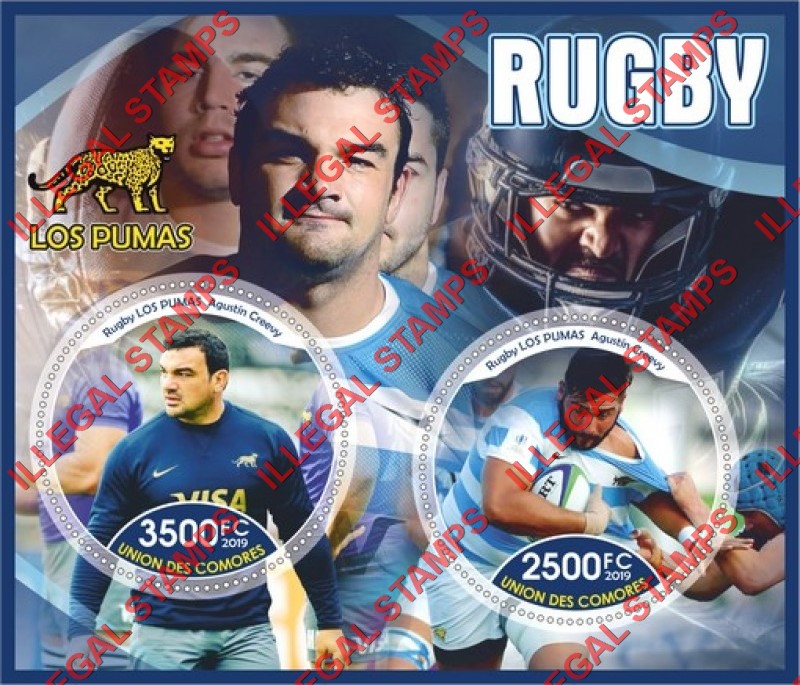 Comoro Islands 2019 Rugby Players Los Pumas Counterfeit Illegal Stamp Souvenir Sheet of 2