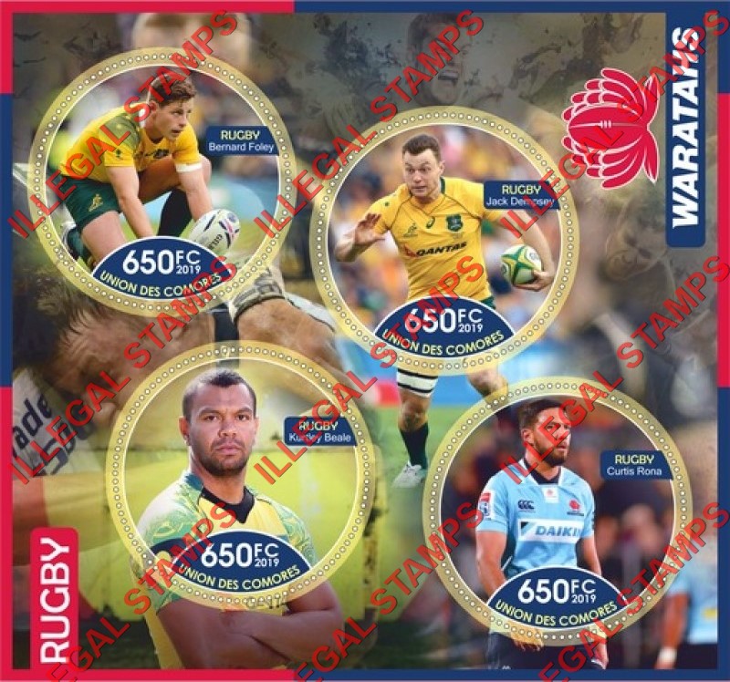 Comoro Islands 2019 Rugby Players Waratahs Counterfeit Illegal Stamp Souvenir Sheet of 4
