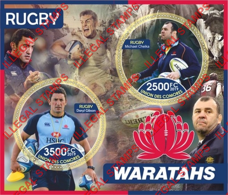 Comoro Islands 2019 Rugby Players Waratahs Counterfeit Illegal Stamp Souvenir Sheet of 2