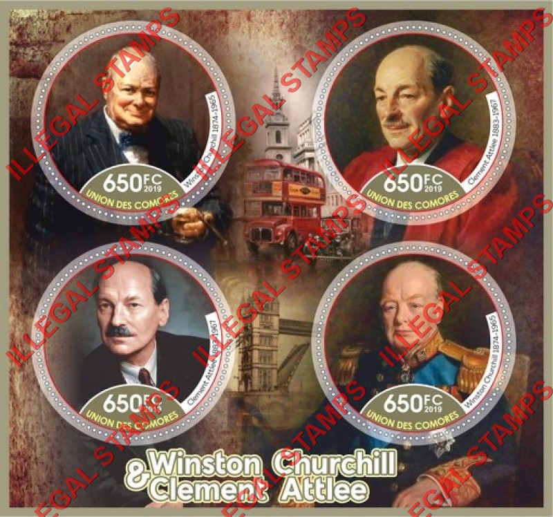 Comoro Islands 2019 Winston Churchill and Clement Attlee Counterfeit Illegal Stamp Souvenir Sheet of 4