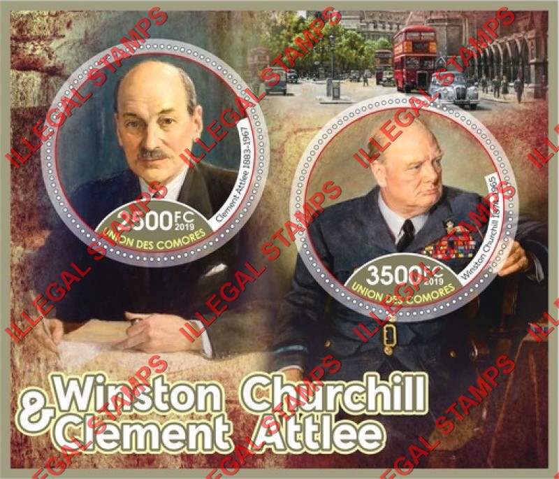 Comoro Islands 2019 Winston Churchill and Clement Attlee Counterfeit Illegal Stamp Souvenir Sheet of 2