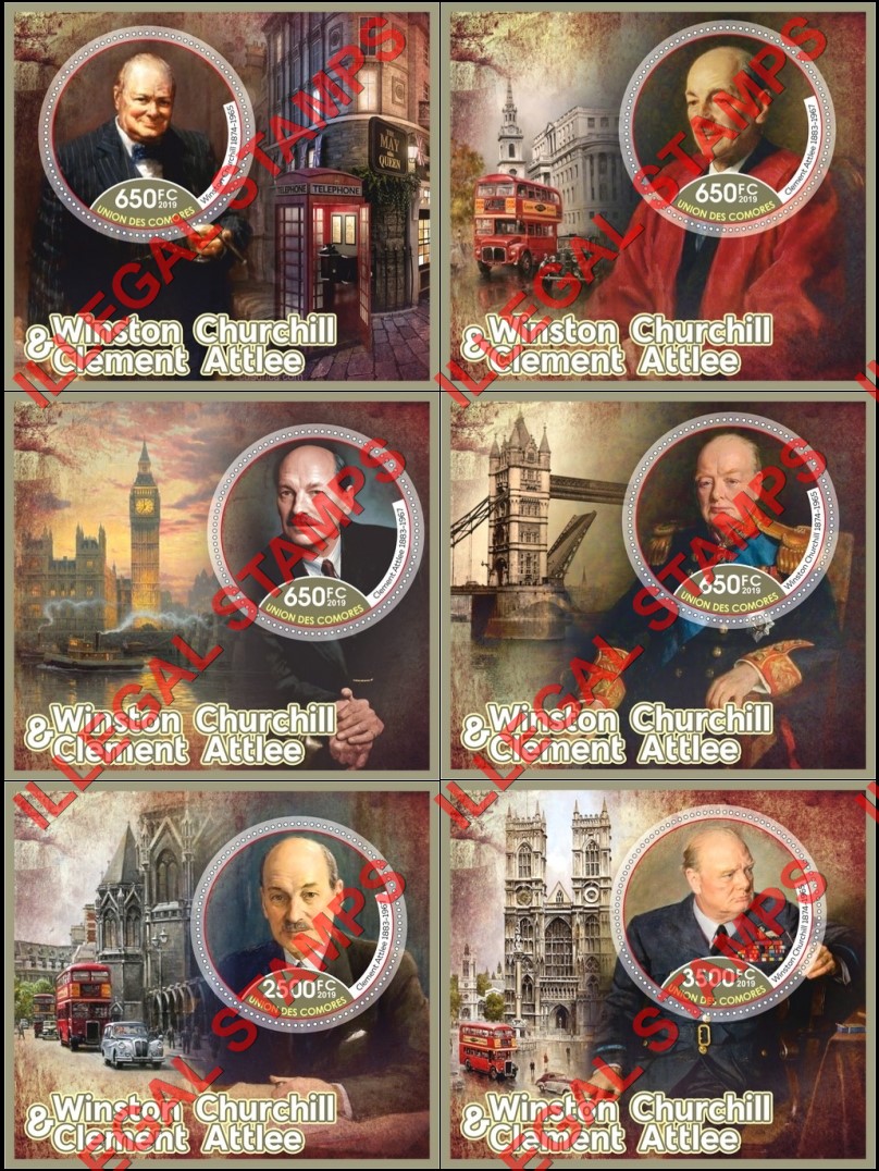 Comoro Islands 2019 Winston Churchill and Clement Attlee Counterfeit Illegal Stamp Souvenir Sheets of 1