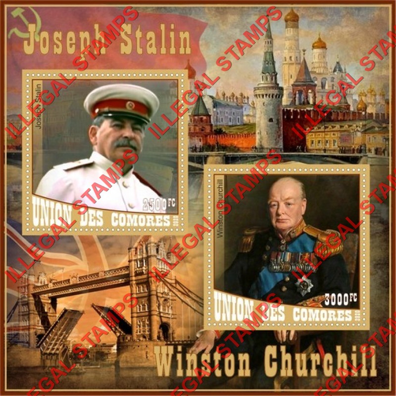 Comoro Islands 2020 Joseph Stalin and Winston Churchill Counterfeit Illegal Stamp Souvenir Sheet of 2