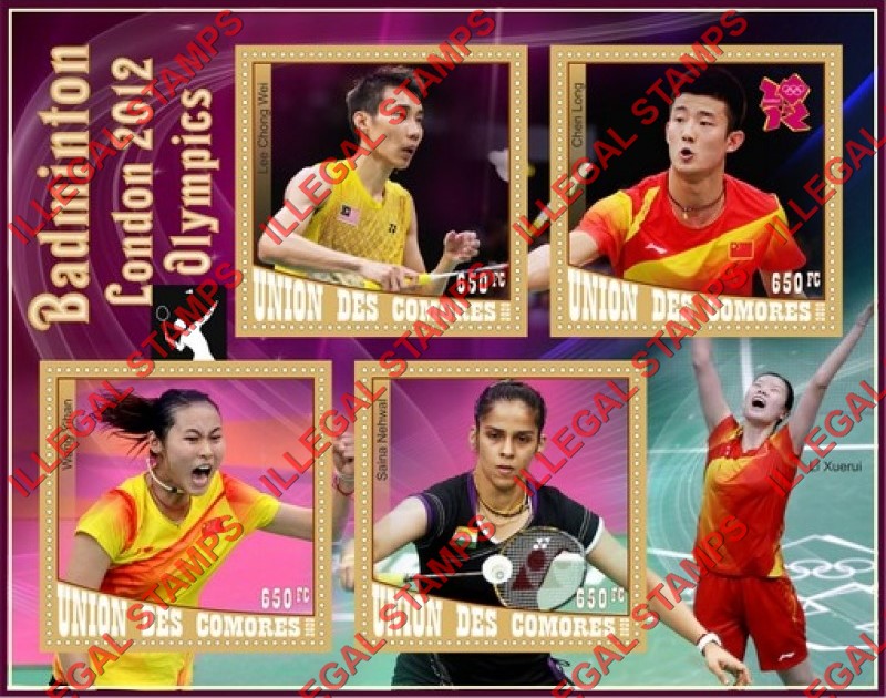 Comoro Islands 2020 Olympic Games in London in 2012 Badminton Players Counterfeit Illegal Stamp Souvenir Sheet of 4