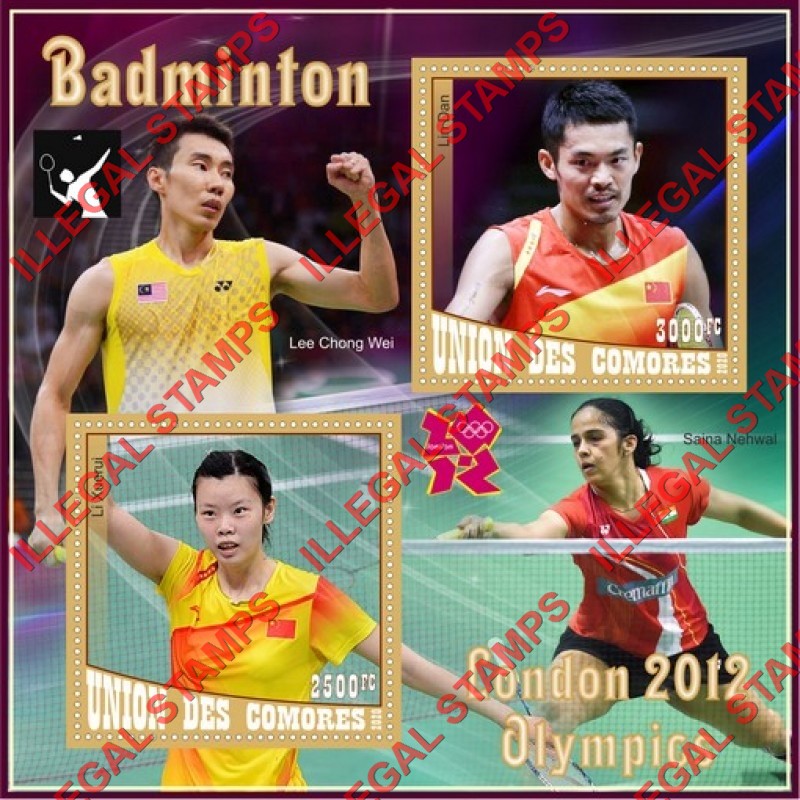 Comoro Islands 2020 Olympic Games in London in 2012 Badminton Players Counterfeit Illegal Stamp Souvenir Sheet of 2