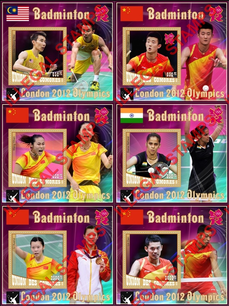 Comoro Islands 2020 Olympic Games in London in 2012 Badminton Players Counterfeit Illegal Stamp Souvenir Sheets of 1