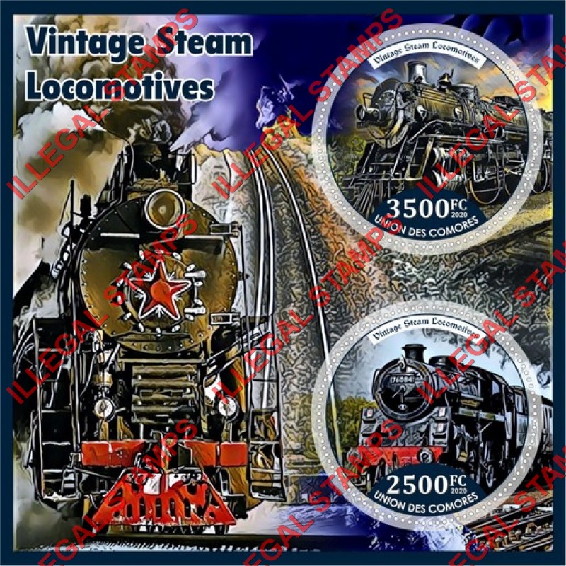 Comoro Islands 2020 Vintage Steam Locomotives Counterfeit Illegal Stamp Souvenir Sheet of 2