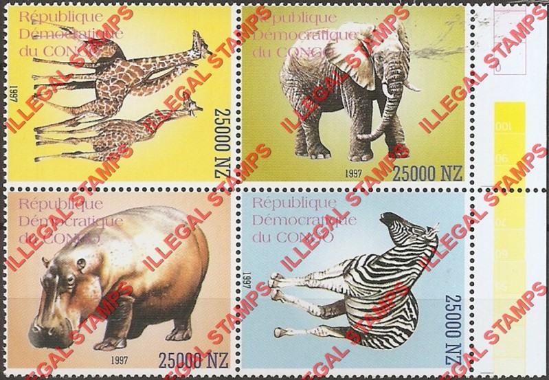 Congo Democratic Republic 1997 Animals Illegal Stamp Block of 4