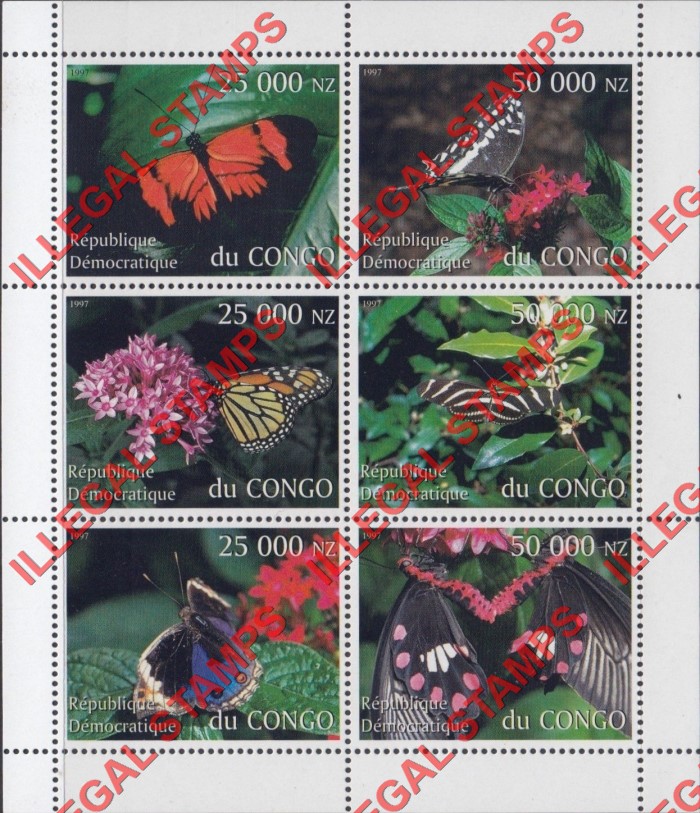 Congo Democratic Republic 1997 Butterflies Illegal Stamp Souvenir Sheet of 6
