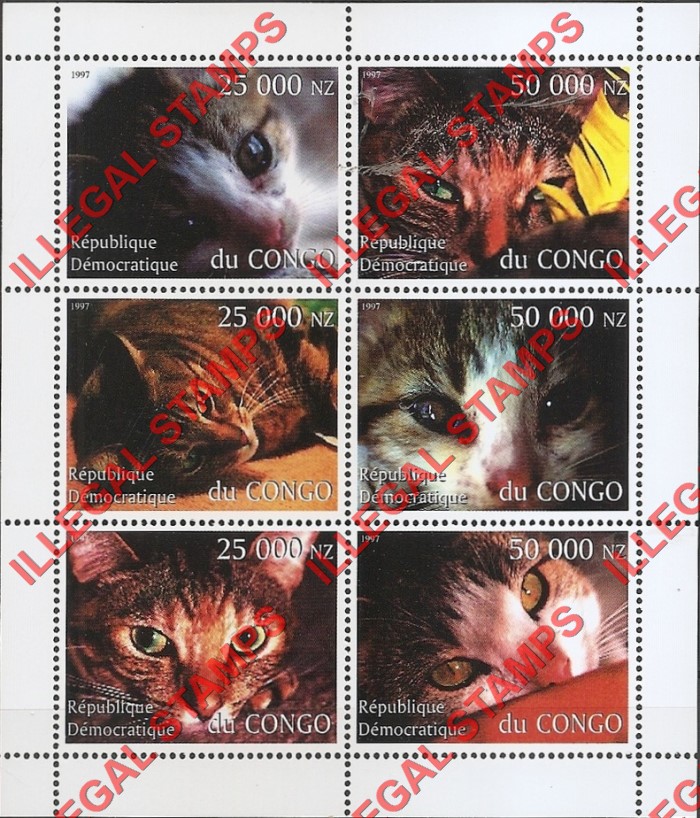 Congo Democratic Republic 1997 Cats Illegal Stamp Souvenir Sheet of 6