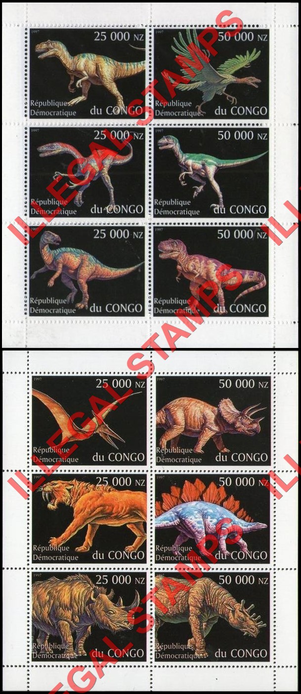 Congo Democratic Republic 1997 Dinosaurs Illegal Stamp Souvenir Sheets of 6