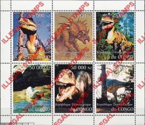 Congo Democratic Republic 1997 Dinosaurs Illegal Stamp Souvenir Sheet of 6 (different)