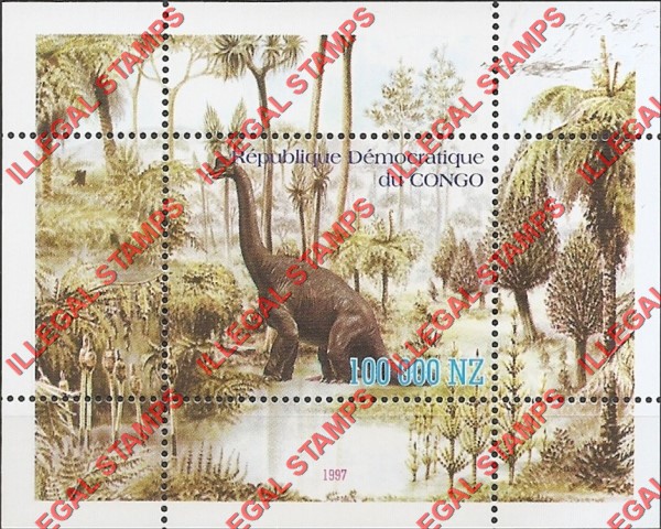Congo Democratic Republic 1997 Dinosaurs Illegal Stamp Souvenir Sheet of 1