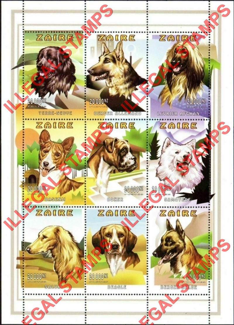 Congo Democratic Republic 1997 Zaire Dogs Illegal Stamp Sheet of 9