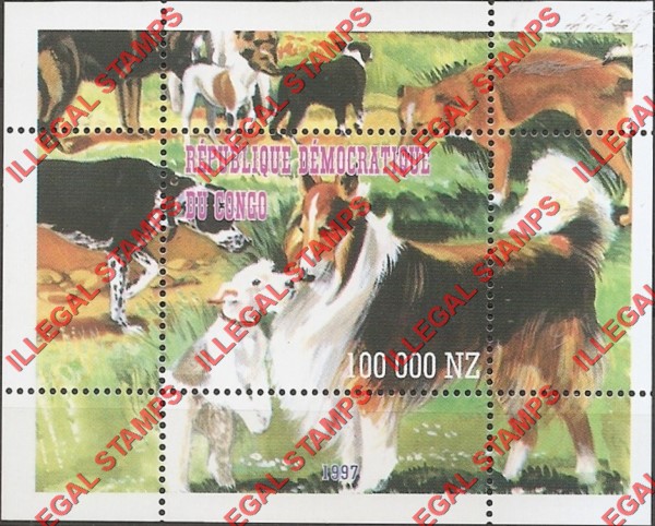 Congo Democratic Republic 1997 Dogs Illegal Stamp Souvenir Sheet of 1