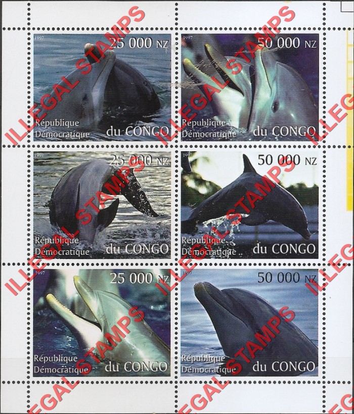 Congo Democratic Republic 1997 Dolphins Illegal Stamp Souvenir Sheet of 6