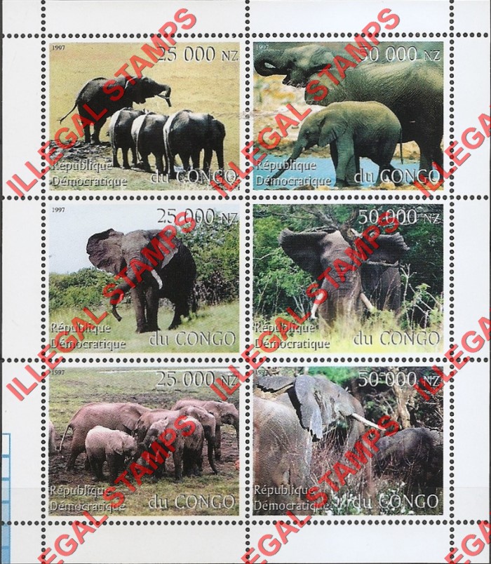 Congo Democratic Republic 1997 Elephants Illegal Stamp Souvenir Sheet of 6