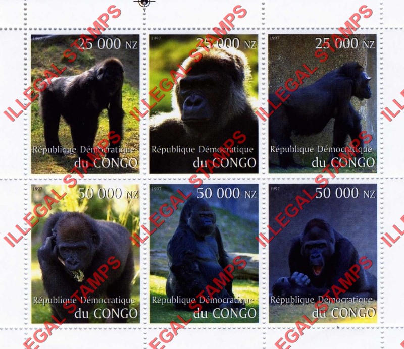 Congo Democratic Republic 1997 Gorillas Illegal Stamp Souvenir Sheet of 6