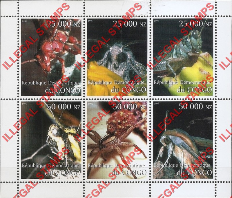 Congo Democratic Republic 1997 Insects Illegal Stamp Souvenir Sheet of 6