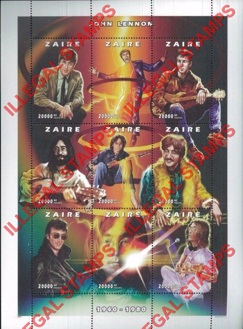 Congo Democratic Republic 1997 Zaire John Lennon Illegal Stamp Sheet of 9
