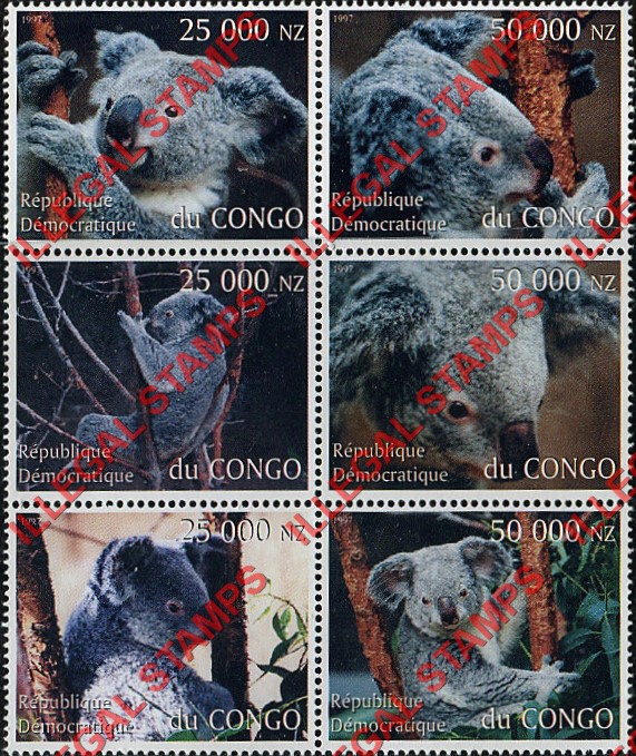 Congo Democratic Republic 1997 Koala Bears Illegal Stamp Souvenir Sheet of 6