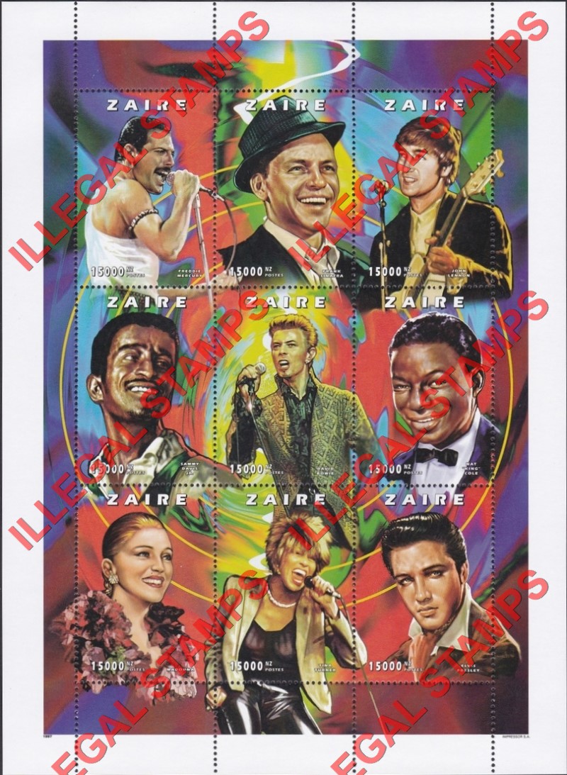 Congo Democratic Republic 1997 Zaire Music Entertainers Illegal Stamp Sheet of 9