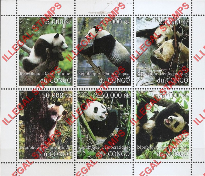 Congo Democratic Republic 1997 Pandas Illegal Stamp Souvenir Sheet of 6