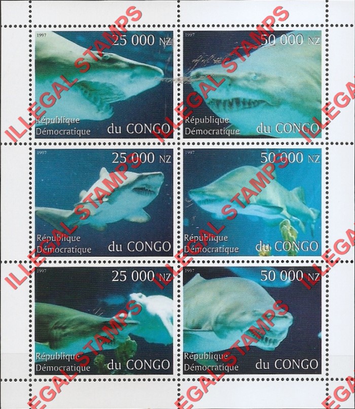 Congo Democratic Republic 1997 Sharks Illegal Stamp Souvenir Sheet of 6