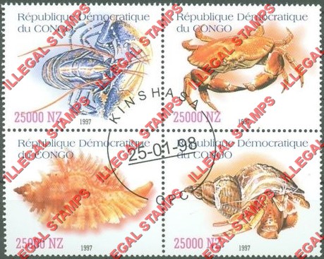 Congo Democratic Republic 1997 Shellfish Illegal Stamp Block of 4