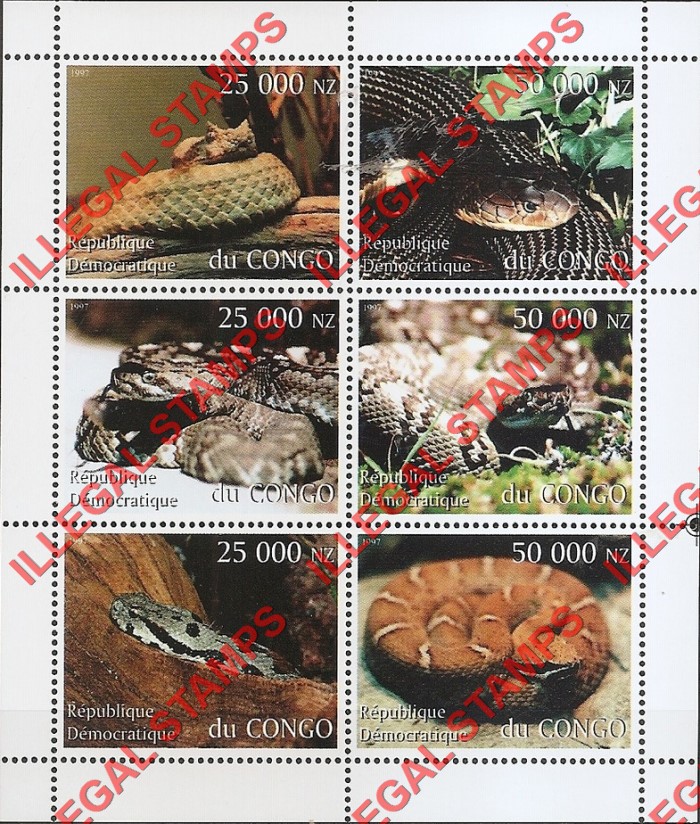 Congo Democratic Republic 1997 Snakes Illegal Stamp Souvenir Sheet of 6