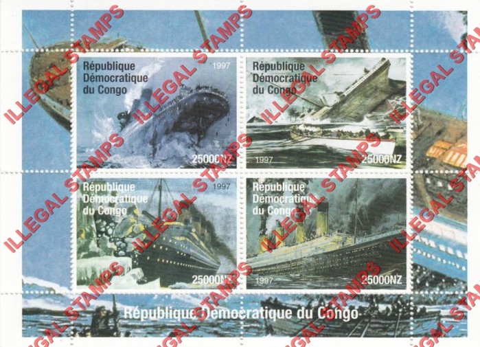 Congo Democratic Republic 1997 Titanic Illegal Stamp Souvenir Sheet of 4