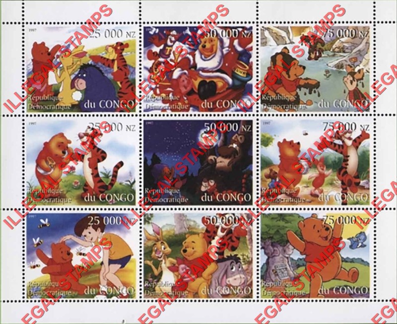 Congo Democratic Republic 1997 Whinnie the Pooh Illegal Stamp Sheet of 9