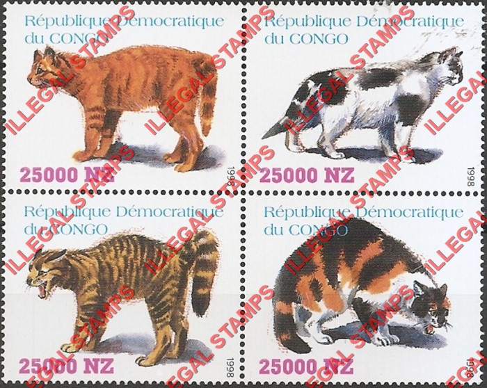 Congo Democratic Republic 1998 Cats Illegal Stamp Block of 4