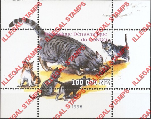 Congo Democratic Republic 1998 Cats Illegal Stamp Souvenir Sheet of 1